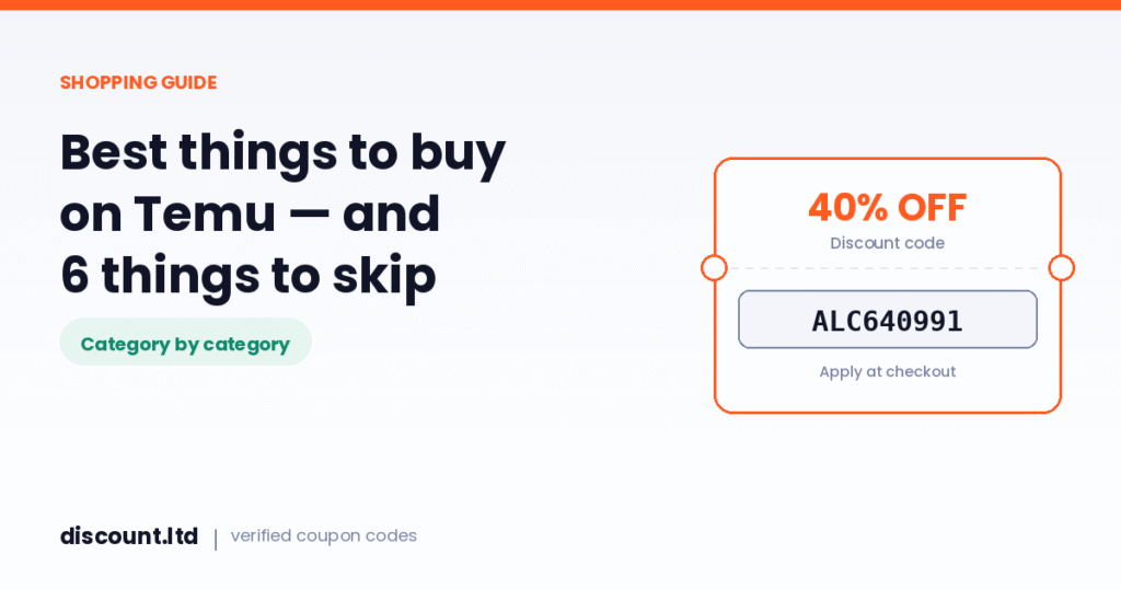 Best things to buy on Temu illustrated with product categories and a discount coupon card