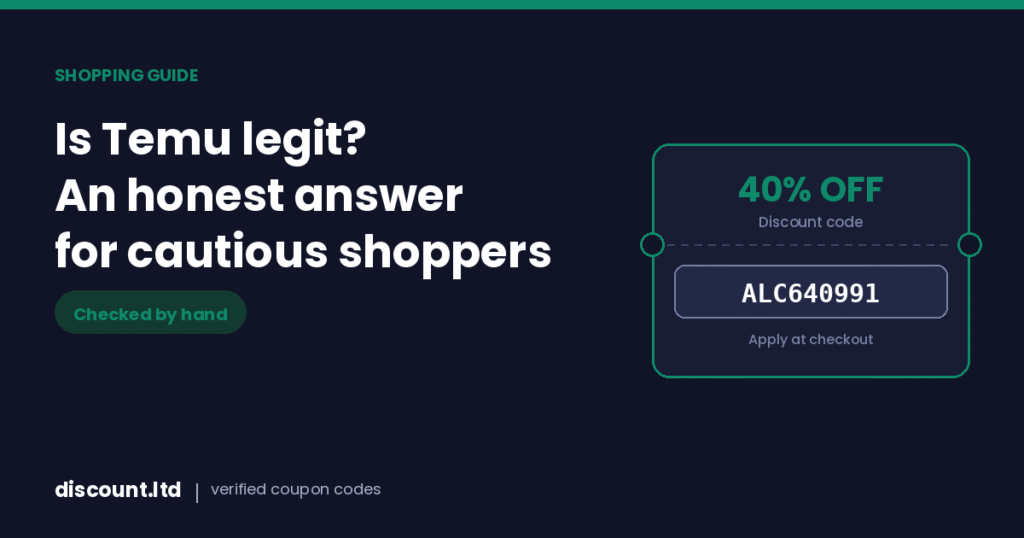 Is Temu legit — coupon card showing the verified 40% off Temu code