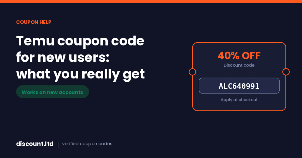 Temu coupon code for new users with the 40 percent off code shown on a coupon card