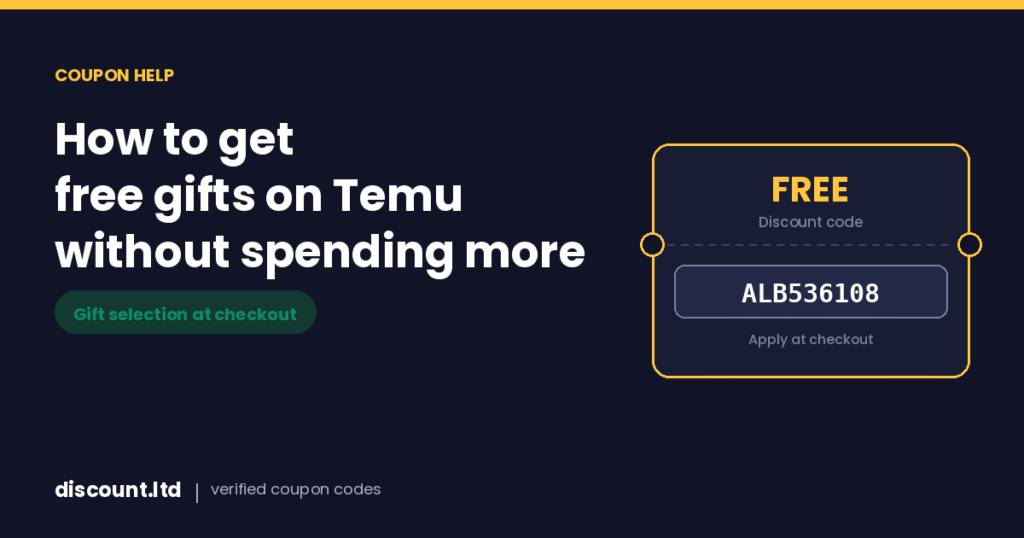 Temu free gifts offer shown on a coupon card with the gift code