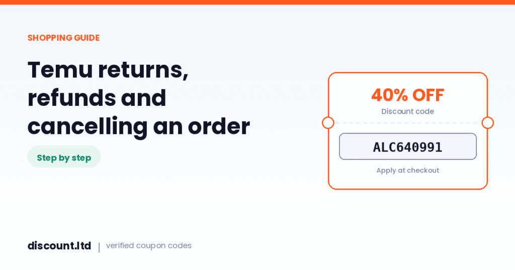 Temu returns and refunds guide showing an order timeline and a coupon card