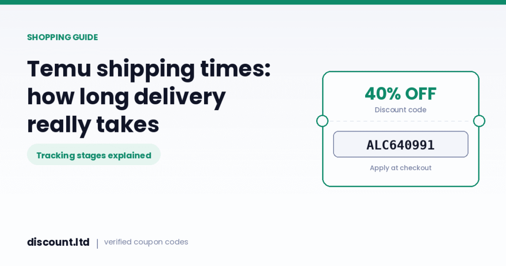 Temu shipping times guide with a 40% off coupon code card
