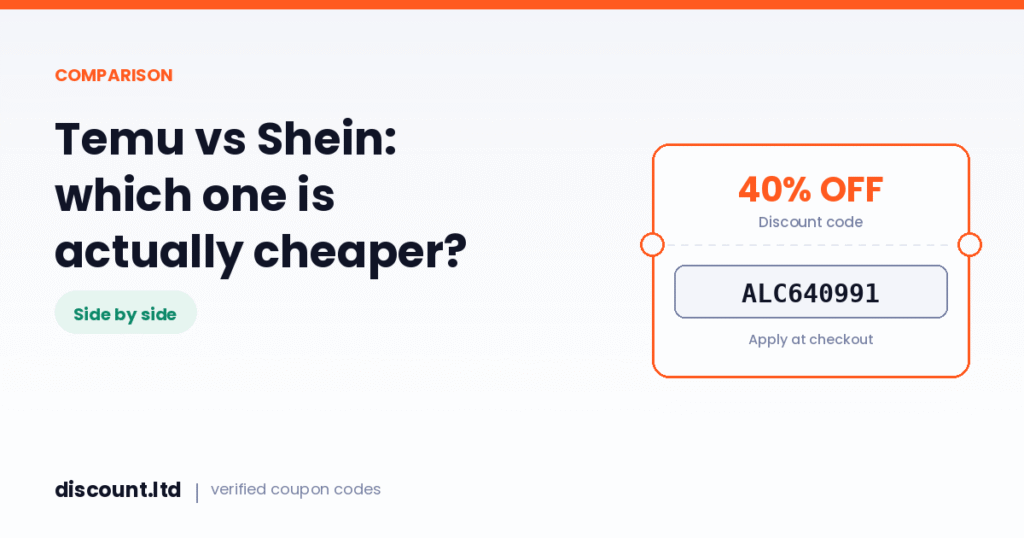 Temu vs Shein comparison with a Temu discount code card